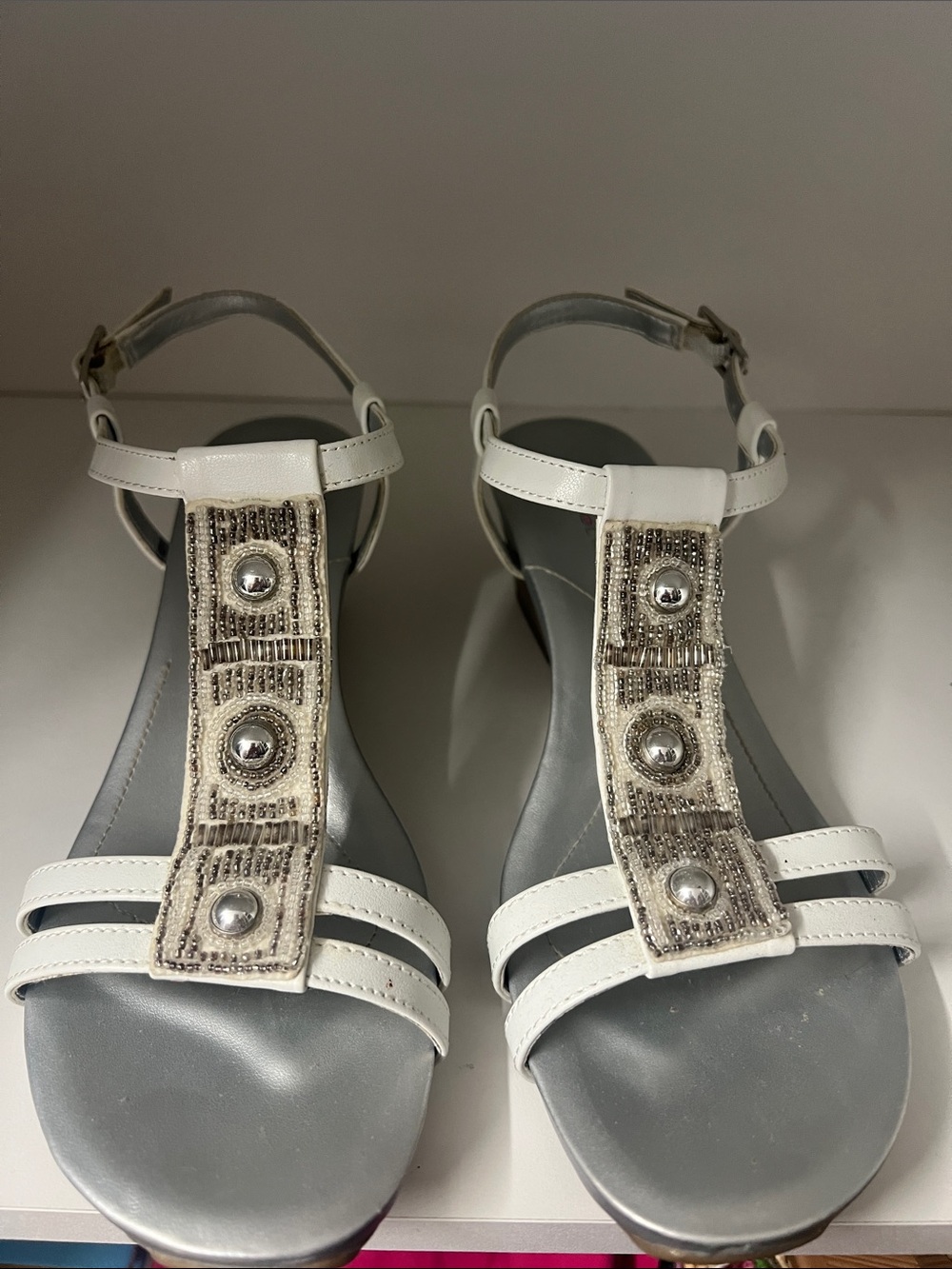 Bandolino Hettie White Beaded T-Strap Sandals - Women